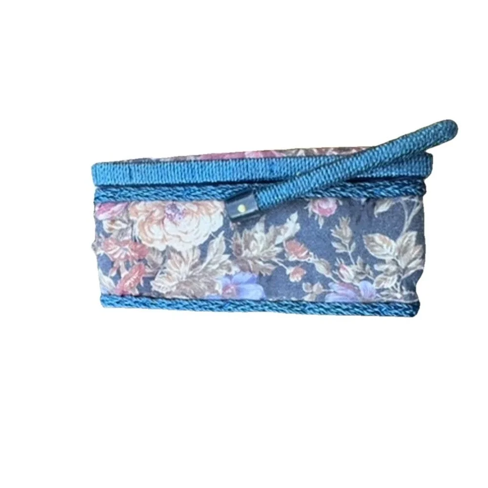 Vintage Sewing Basket Fabric Floral‎ Pattern Storage Box Blue Roped Top Handle